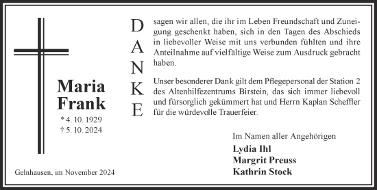 Traueranzeige von Maria Frank von Gelnhäuser Neue Zeitung