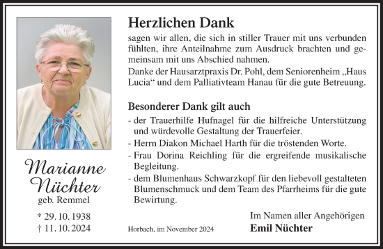 Traueranzeige von Marianne Nüchter von Gelnhäuser Neue Zeitung