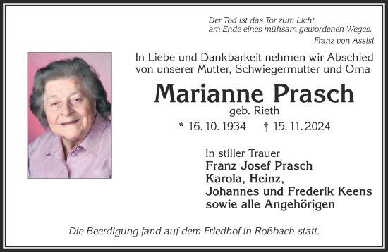 Traueranzeige von Marianne Prasch von Mittelhessen-Bote