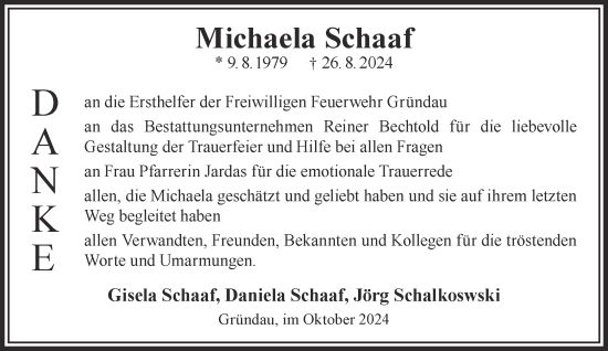 Traueranzeige von Michaela Schaaf von Gelnhäuser Neue Zeitung