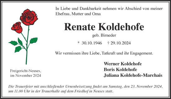 Traueranzeige von Renate Koldehofe von Gelnhäuser Neue Zeitung