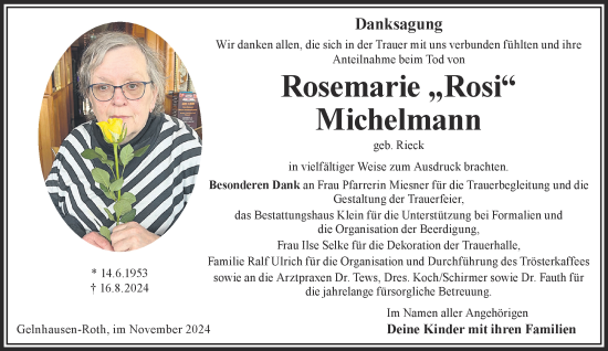 Traueranzeige von Rosemarie  Michelmann von Gelnhäuser Neue Zeitung