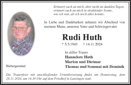 Traueranzeige von Rudi Huth von Gelnhäuser Neue Zeitung