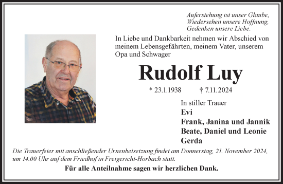 Traueranzeige von Rudolf Luy von Gelnhäuser Neue Zeitung