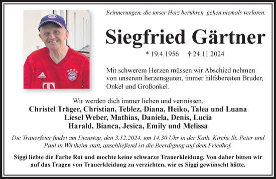 Traueranzeige von Siegfried Gärtner von Gelnhäuser Neue Zeitung