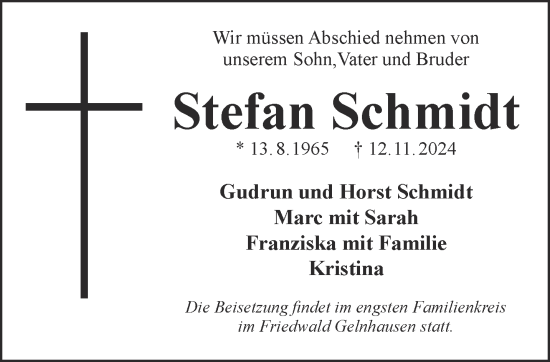 Traueranzeige von Stefan Schmidt von Gelnhäuser Neue Zeitung