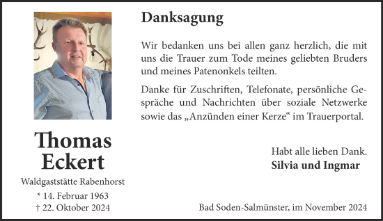 Traueranzeige von Thomas Eckert von Gelnhäuser Neue Zeitung