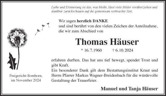 Traueranzeige von Thomas Häuser von Gelnhäuser Neue Zeitung