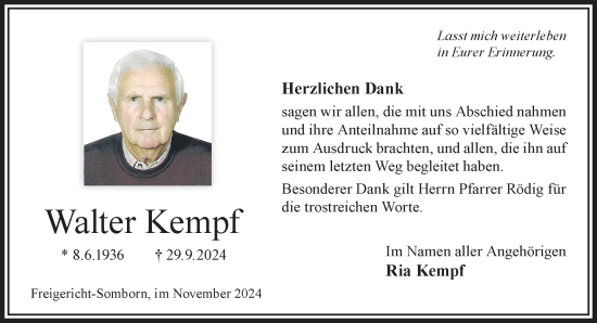 Traueranzeige von Walter Kempf von Gelnhäuser Neue Zeitung