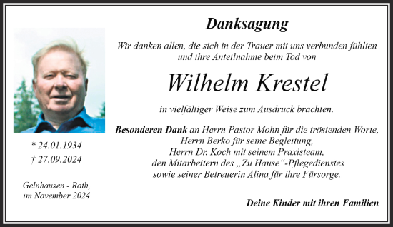 Traueranzeige von Wilhelm Krestel von Gelnhäuser Neue Zeitung