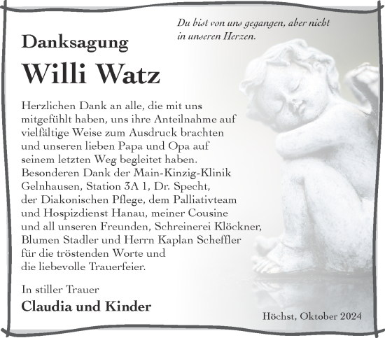 Traueranzeige von Willi Watz von Gelnhäuser Neue Zeitung