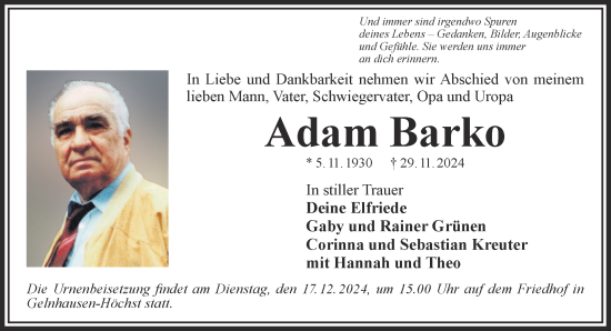 Traueranzeige von Adam Barko von Gelnhäuser Neue Zeitung