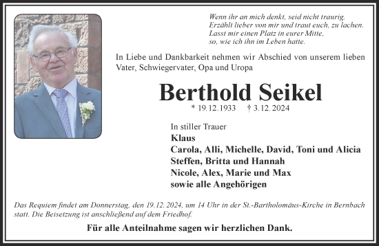 Traueranzeige von Berthold Seikel von Gelnhäuser Neue Zeitung