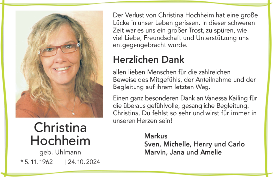 Traueranzeige von Christina Hochheim von Gelnhäuser Neue Zeitung