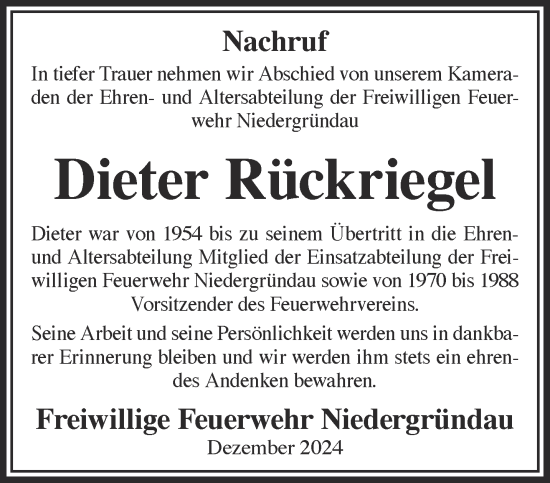 Traueranzeige von Dieter Rückriegel von Gelnhäuser Neue Zeitung