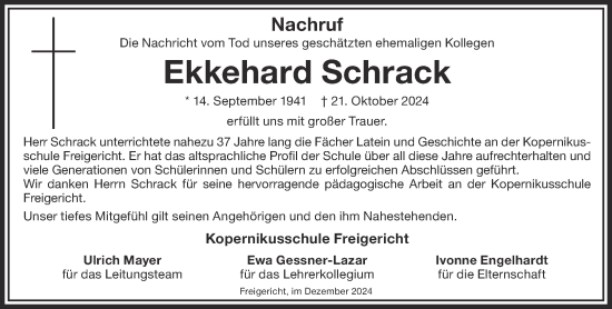 Traueranzeige von Ekkehard Schrack von Mittelhessen-Bote