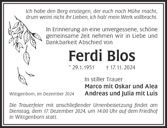 Traueranzeige von Ferdi Blos von Mittelhessen-Bote