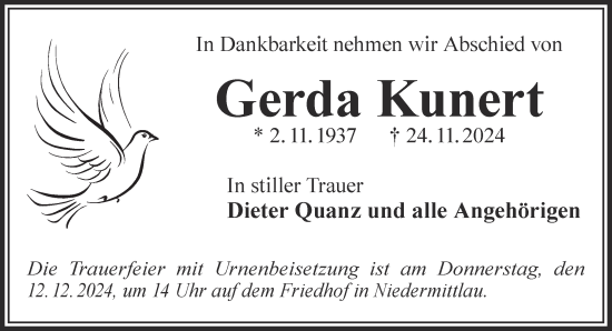 Traueranzeige von Gerda Kunert von Gelnhäuser Neue Zeitung