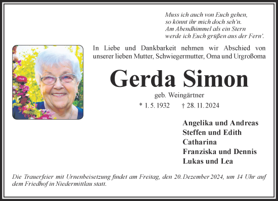 Traueranzeige von Gerda Simon von Gelnhäuser Neue Zeitung