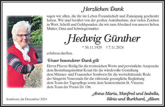 Traueranzeige von Hedwig Günther von Gelnhäuser Neue Zeitung