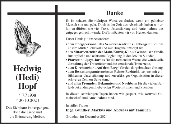 Traueranzeige von Hedwig Hopf von Gelnhäuser Neue Zeitung