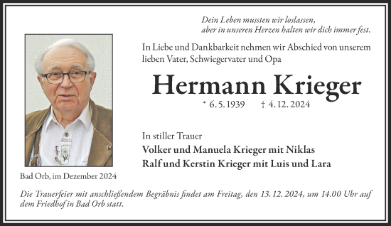 Traueranzeige von Hermann Krieger von Gelnhäuser Neue Zeitung