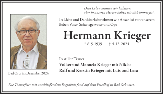 Traueranzeige von Hermann Krieger von Mittelhessen-Bote