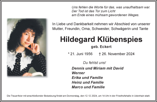 Traueranzeige von Hildegard Klübenspies von Mittelhessen-Bote