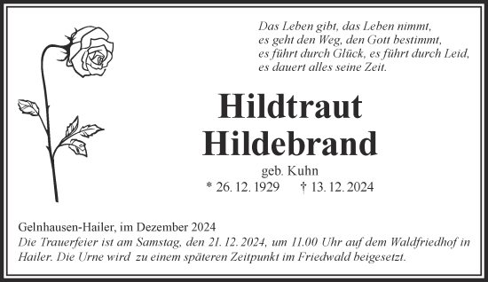 Traueranzeige von Hildtraut Hildebrand von Mittelhessen-Bote