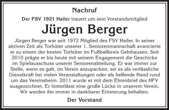 Traueranzeige von Jürgen Berger von Gelnhäuser Neue Zeitung