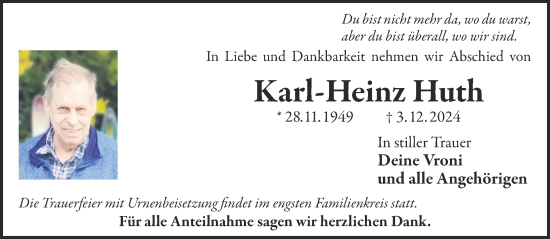 Traueranzeige von Karl-Heinz Huth von Gelnhäuser Neue Zeitung
