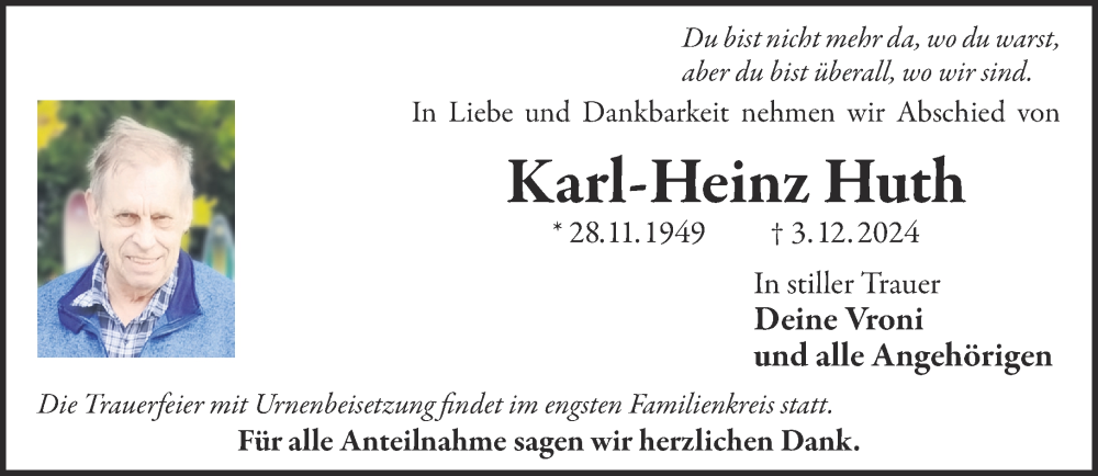 Traueranzeigen Von Karl Heinz Huth Trauer Gnz De