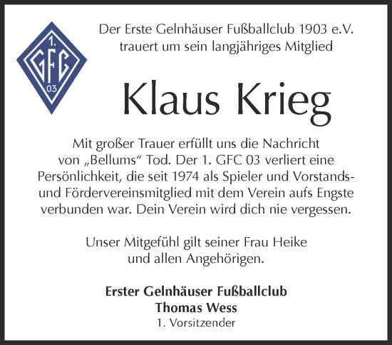 Traueranzeige von Klaus Krieg von Gelnhäuser Neue Zeitung