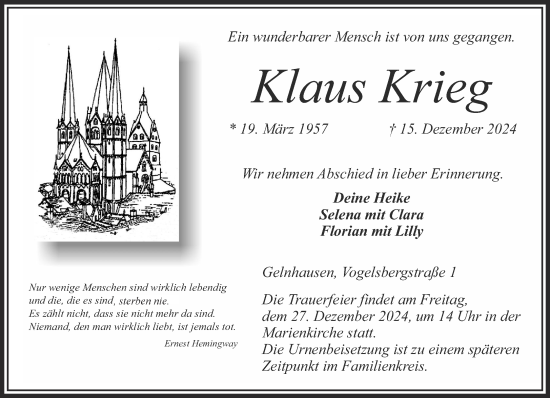 Traueranzeige von Klaus Krieg von Gelnhäuser Neue Zeitung