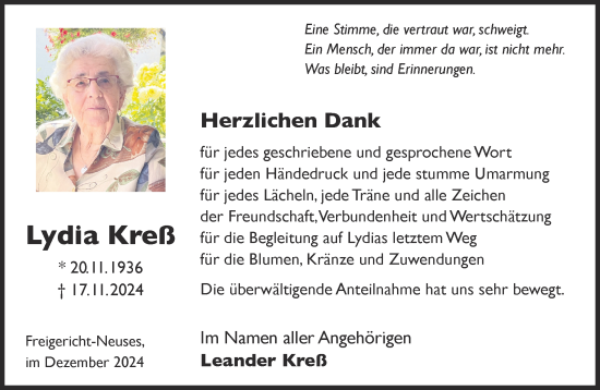 Traueranzeige von Lydia Kreß von Gelnhäuser Neue Zeitung