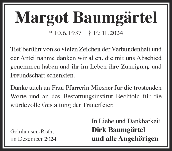 Traueranzeige von Margot Baumgärtel von Gelnhäuser Neue Zeitung