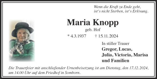 Traueranzeige von Maria Knopp von Gelnhäuser Neue Zeitung