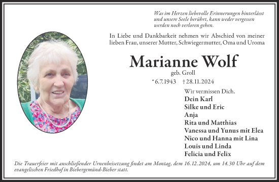 Traueranzeige von Marianne Wolf von Mittelhessen-Bote