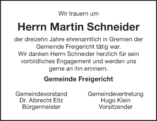 Traueranzeige von Martin Schneider von Gelnhäuser Neue Zeitung