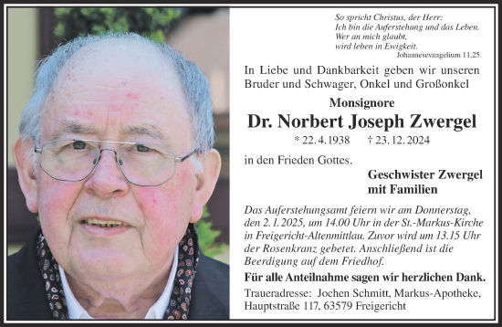 Traueranzeige von Norbert Joseph Zwergel von Gelnhäuser Neue Zeitung