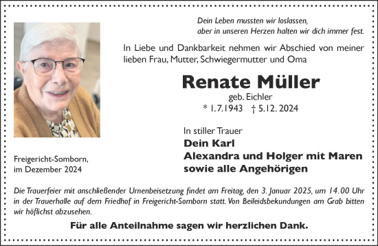 Traueranzeige von Renate Müller von Gelnhäuser Neue Zeitung