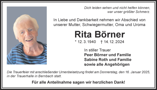 Traueranzeige von Rita Börner von Mittelhessen-Bote