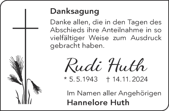 Traueranzeige von Rudi Huth von Gelnhäuser Neue Zeitung