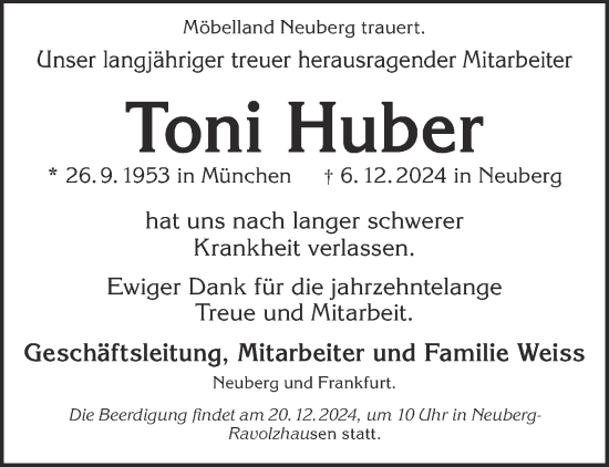 Traueranzeige von Toni Huber von Mittelhessen-Bote