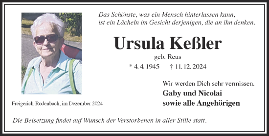 Traueranzeige von Ursula Keßler von Gelnhäuser Neue Zeitung