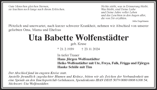 Traueranzeige von Uta Babette Wolfenstädter von Mittelhessen-Bote