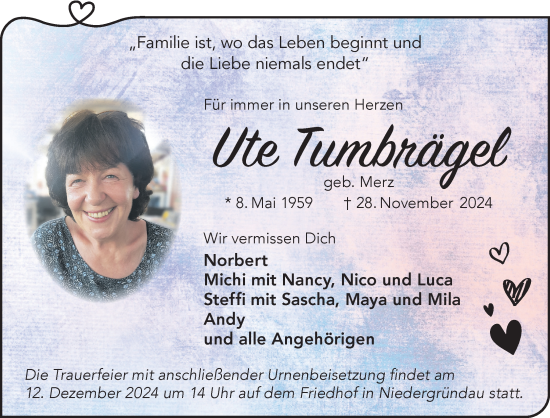 Traueranzeige von Ute Tumbrägel von Mittelhessen-Bote