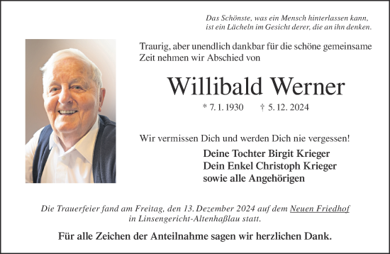 Traueranzeige von Willibald Werner von Mittelhessen-Bote