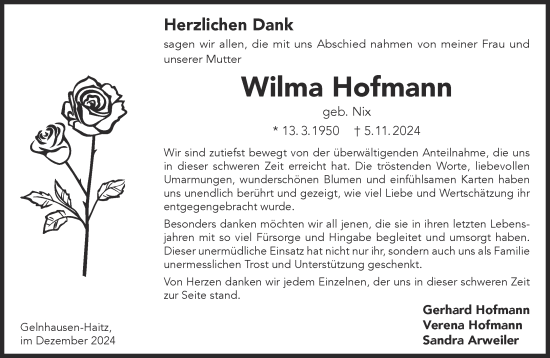 Traueranzeige von Wilma Hofmann von Mittelhessen-Bote