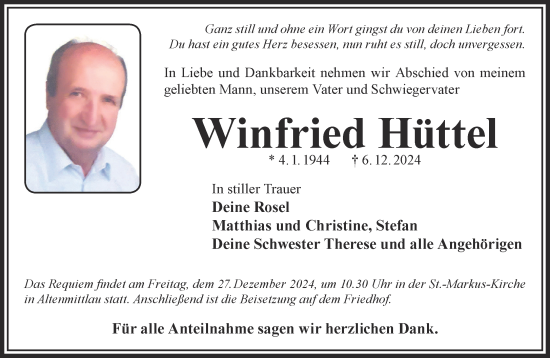 Traueranzeige von Winfried Hüttel von Gelnhäuser Neue Zeitung